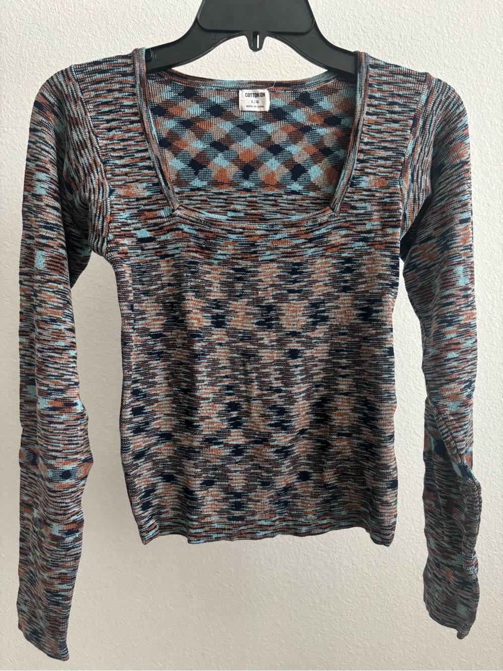 Cotton On Blue Brown Black Square Neck Long Sleeve Knit Top, fits like M